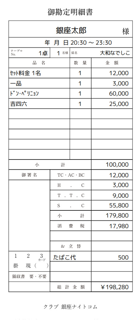 高級クラブの伝票（例）